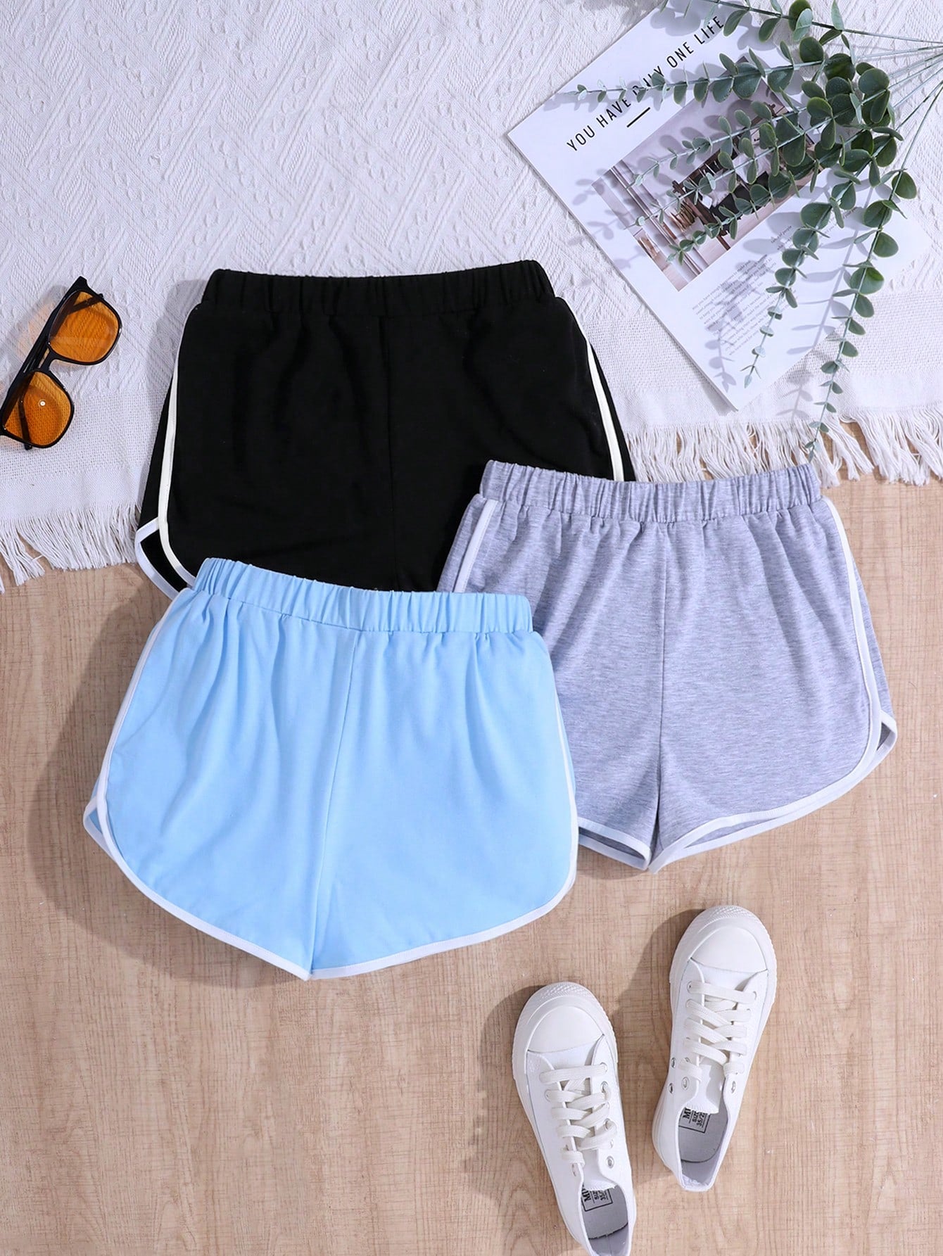 3pcs/Set Knitted Color-Block Loose-Fit Shorts With Contrast Hem For Tween Girls