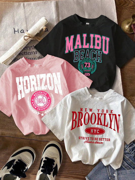 Casual And Simple Tween Girls' College Style American English Letter Badge Pattern Multi-Color Short Sleeve Round Neck T-Shirt Set (White, Pink, And Black) Suitable For Summer Back To School Outfits, School Shirts, And USA Shirts