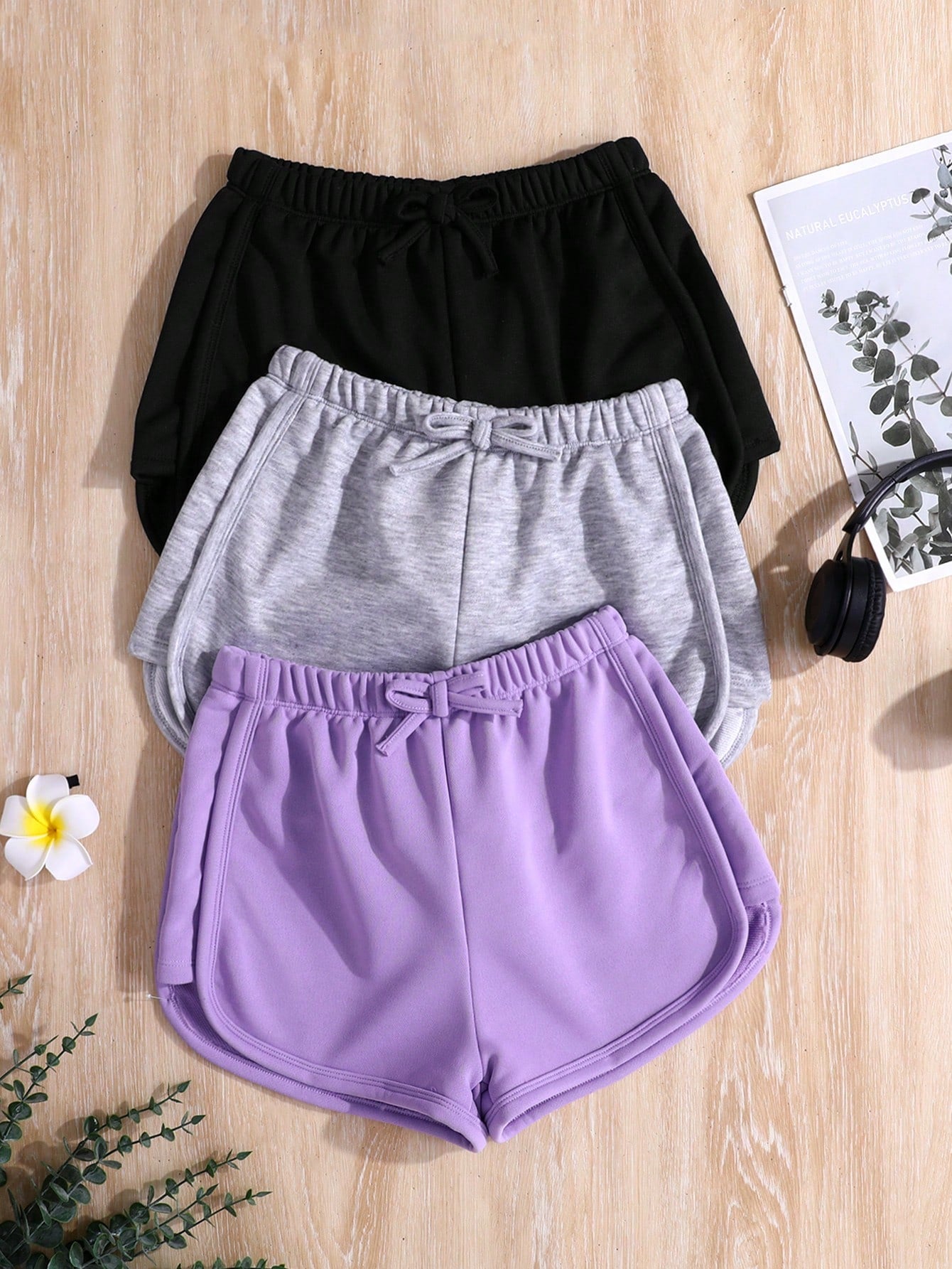 3pcs Solid Color Knitted Bowknot Casual Shorts Set For Tween Girls