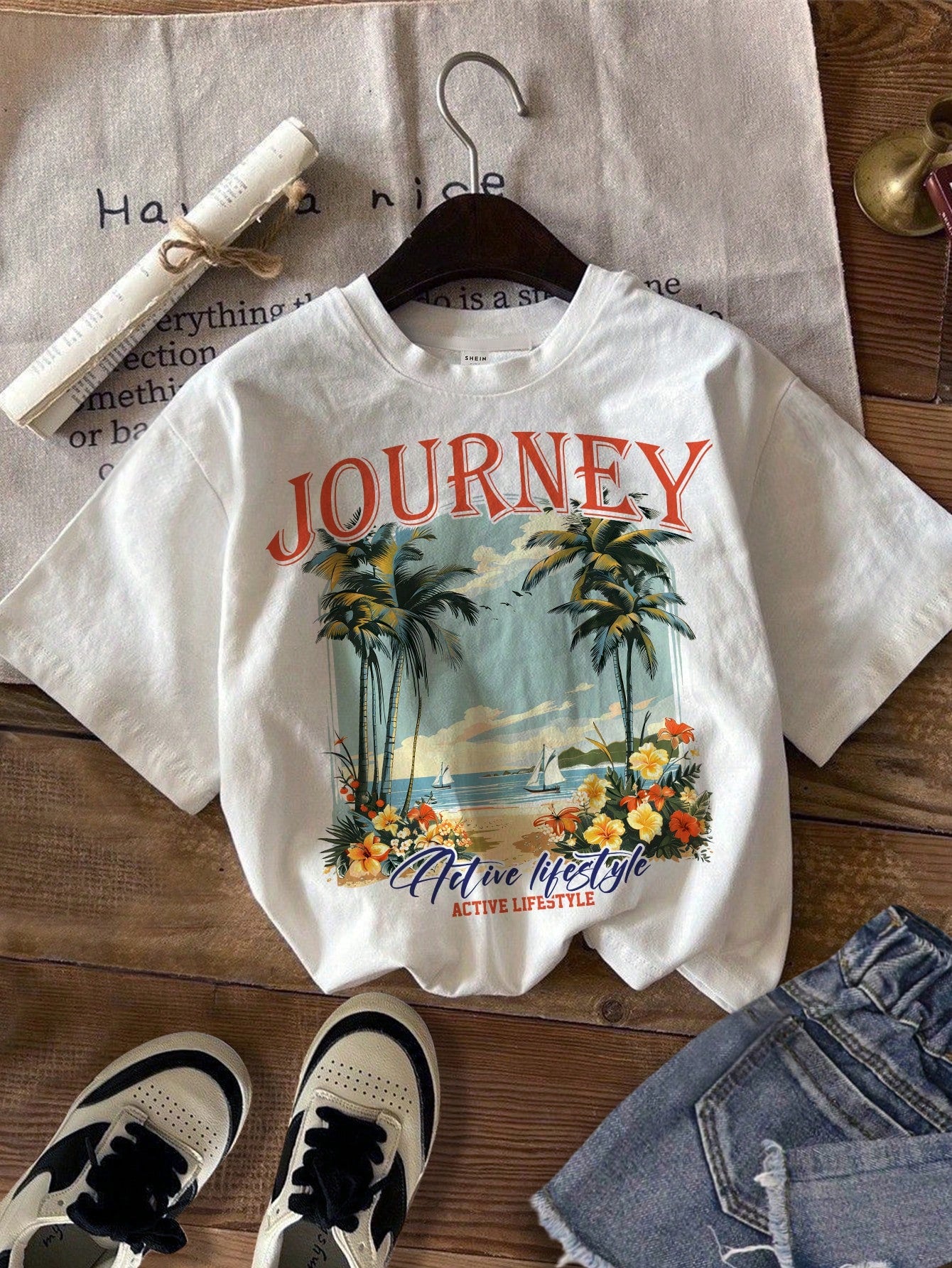 Tween Girl Casual And Simple Short Sleeve Round Neck T-Shirt With Landscape Car Pattern, Suitable For Spring And Summer