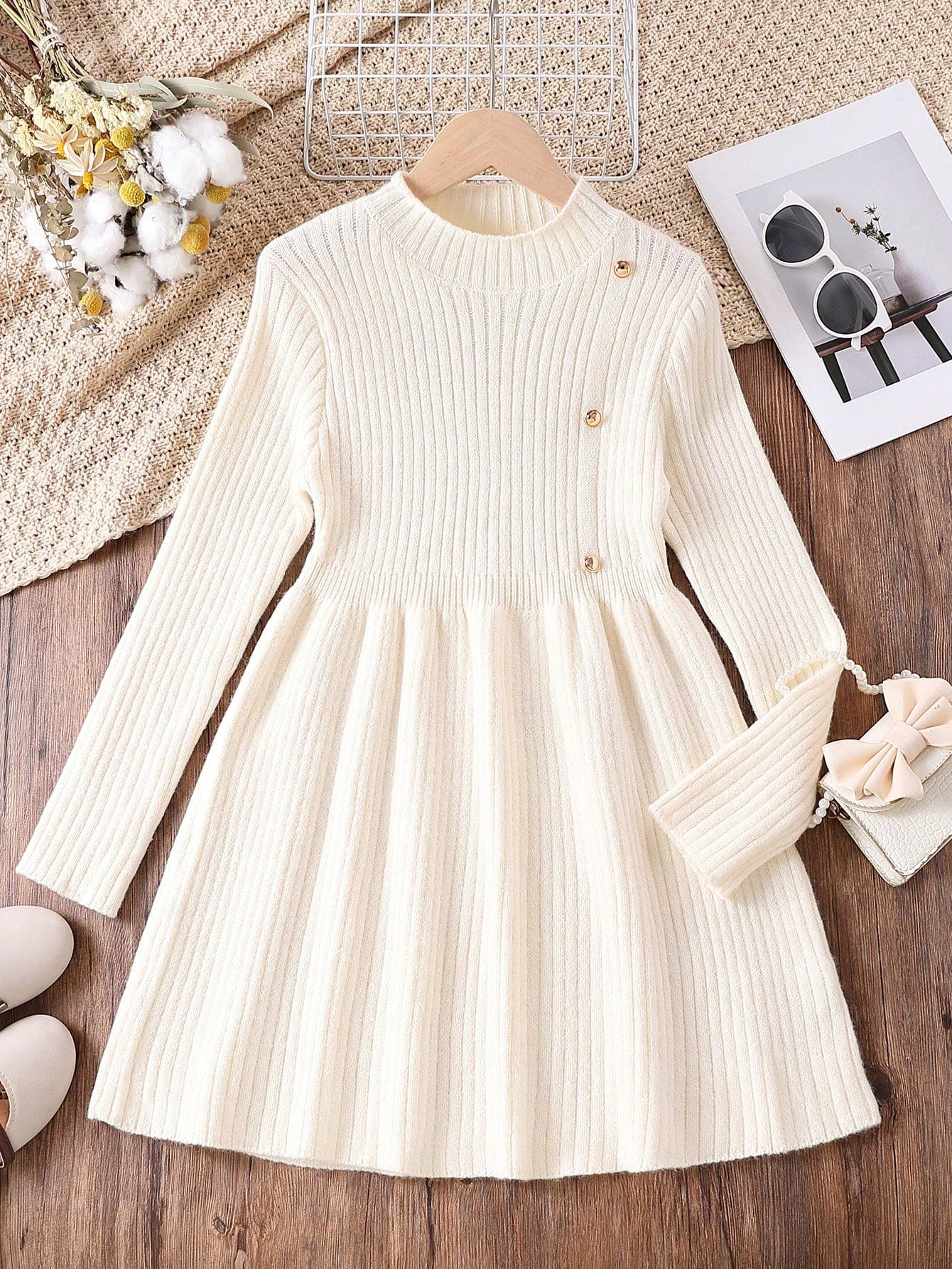 Tween Girls  Button Detail Ribbed Knit Tied Backless Dress