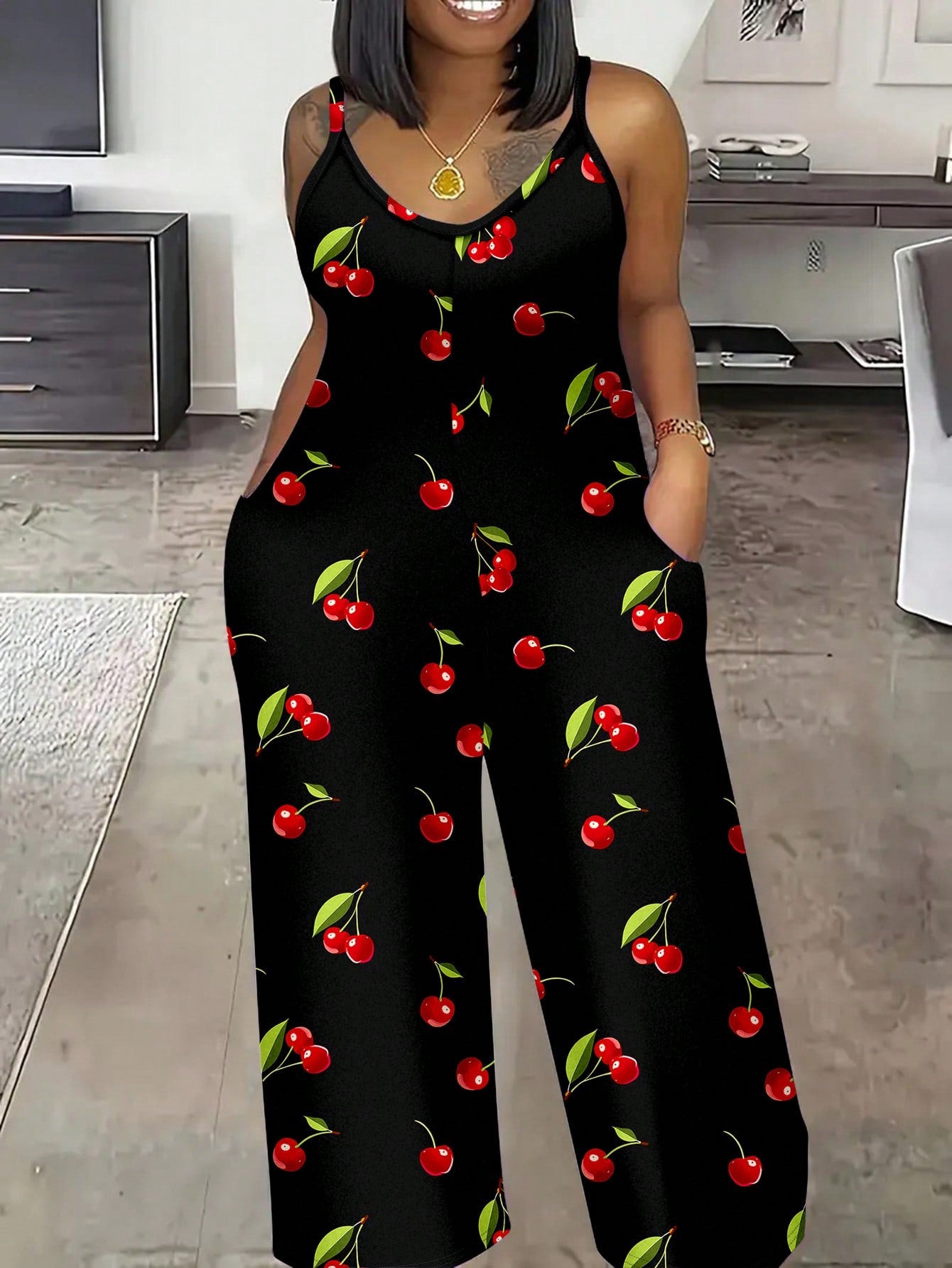 Plus Size Summer Holiday Floral Printed Wide-Leg Jumpsuit With Straps For Casual Wear