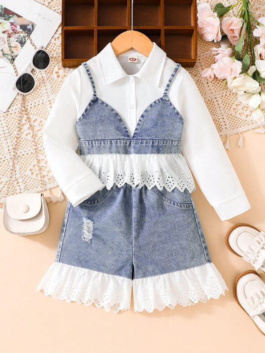 3pcs Young Girls' Spring/Summer Casual Denim Outfit - Buttoned Long Sleeve Shirt, V-Neck Spaghetti Strap Tank Top & Distressed Shorts, Cute And Fresh