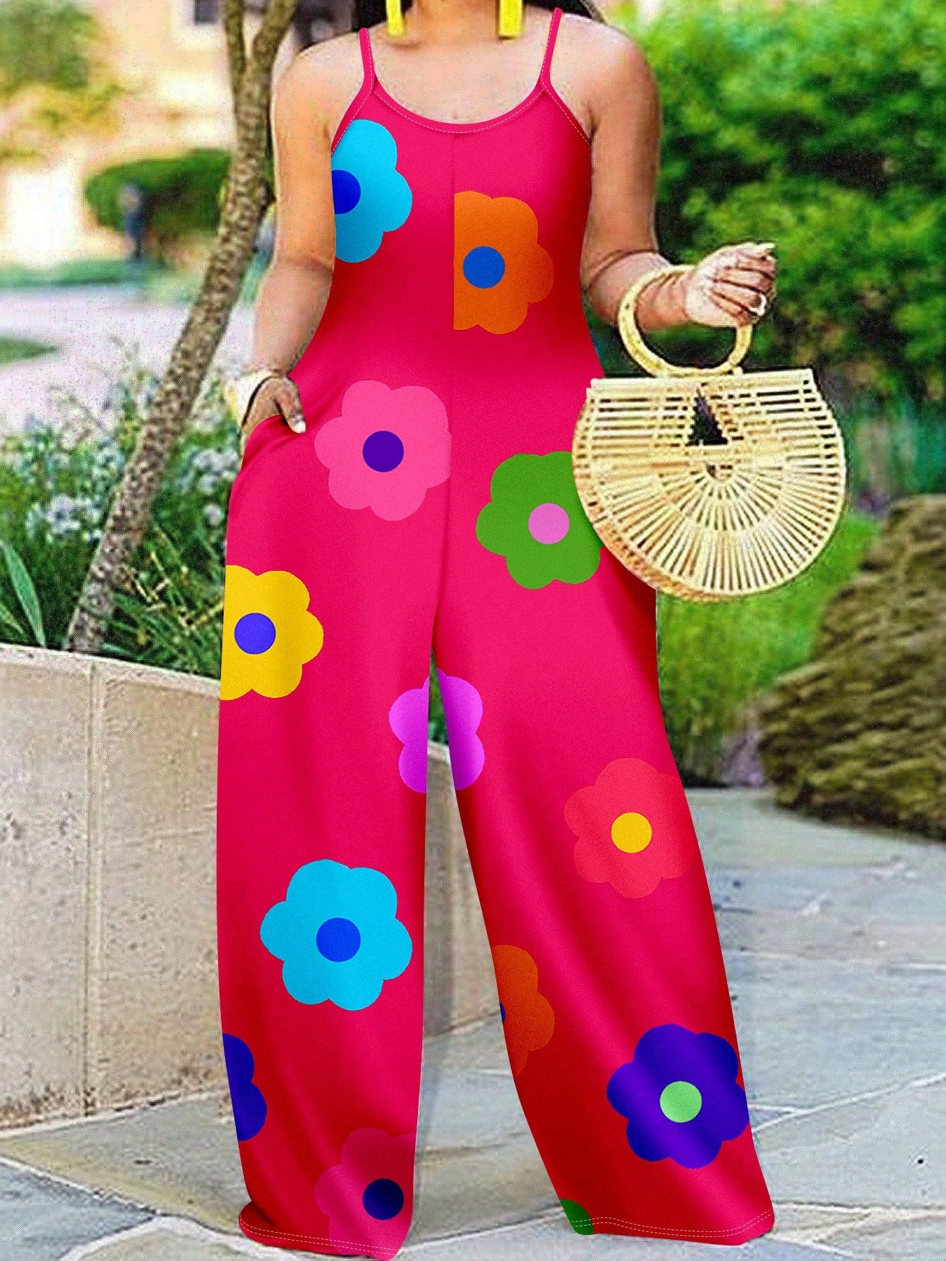 Plus Size Summer Holiday Floral Printed Wide-Leg Jumpsuit With Straps For Casual Wear