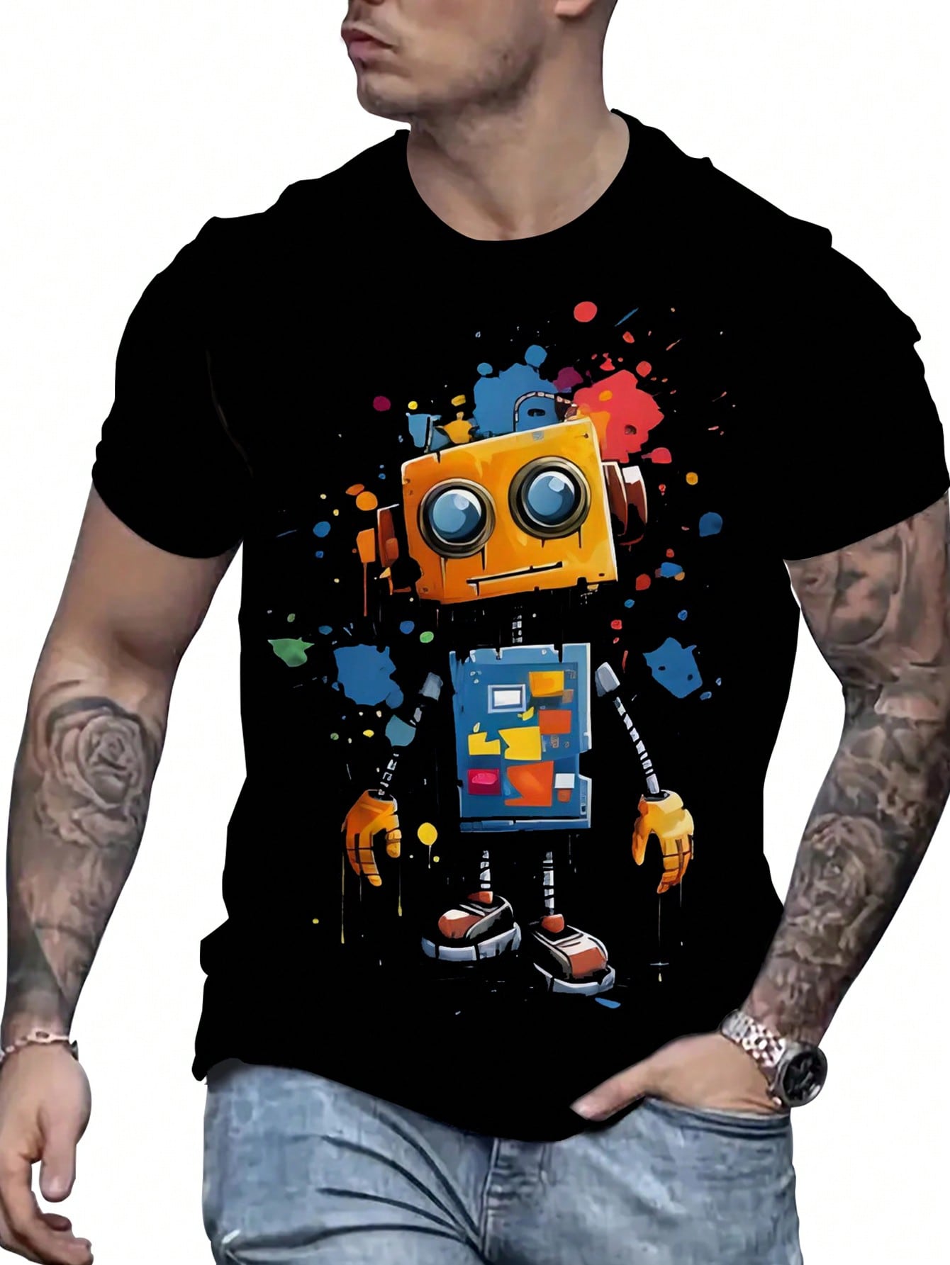 Men's Plus Size Cartoon Robot Printed Short Sleeve T-Shirt For Summer