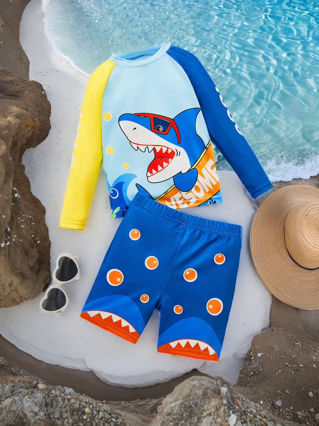 Young Boy's Tight & Casual Spliced Colorblock Round Neck Two-Piece Swimwear