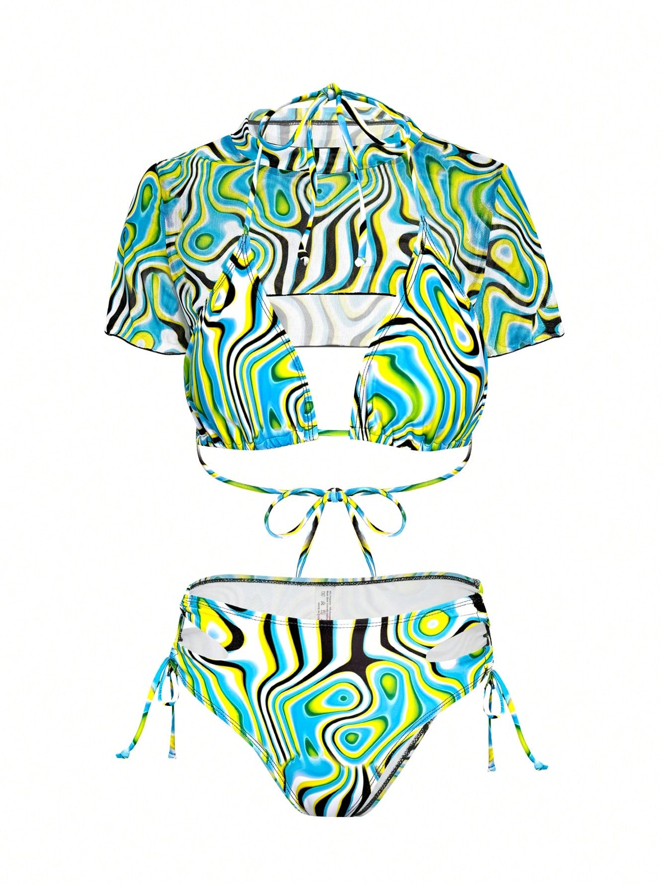 Women's Summer Beach Marble Printed Halter Neck Tie Sexy Bikini Set With Short Sleeve Cover Up Top