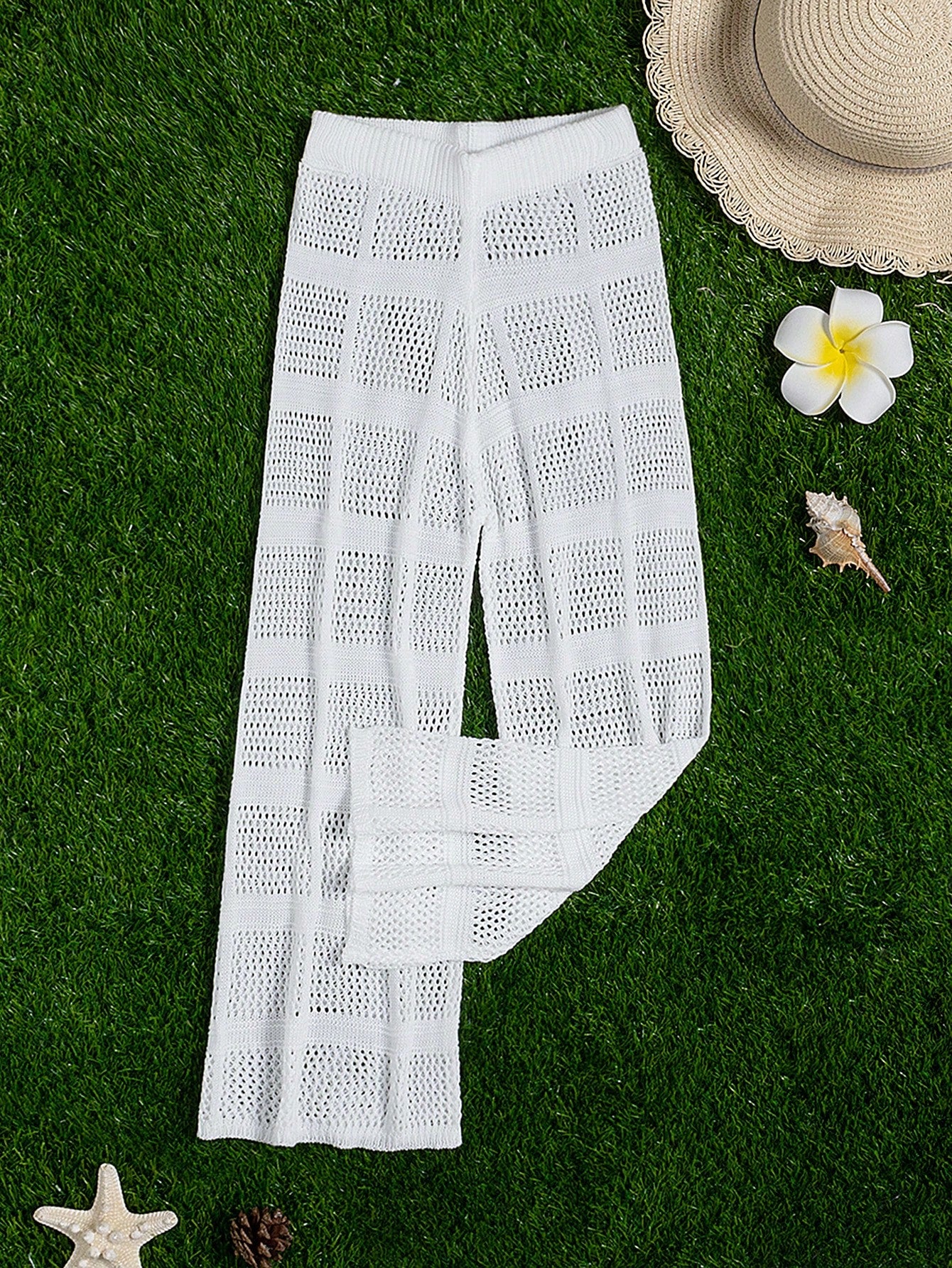 Tween Girls' White Beach Cover-Up With Hollow Out Design And Knitted Pants, Comfortable & Loose Fit, Suitable For Beach Vacation With Swimwear, Summer