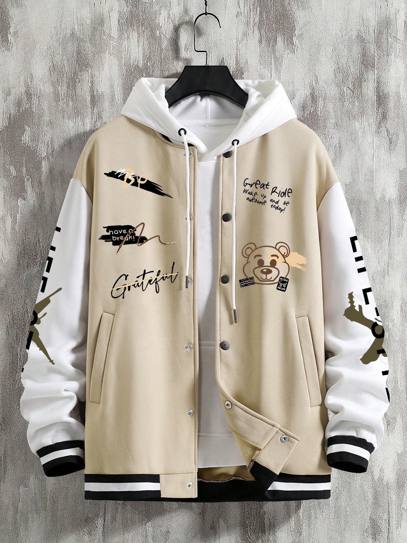 Men's Letter Graphic Two-Tone Loose Fit Drop Shoulder Varsity Jacket Without Hoodie