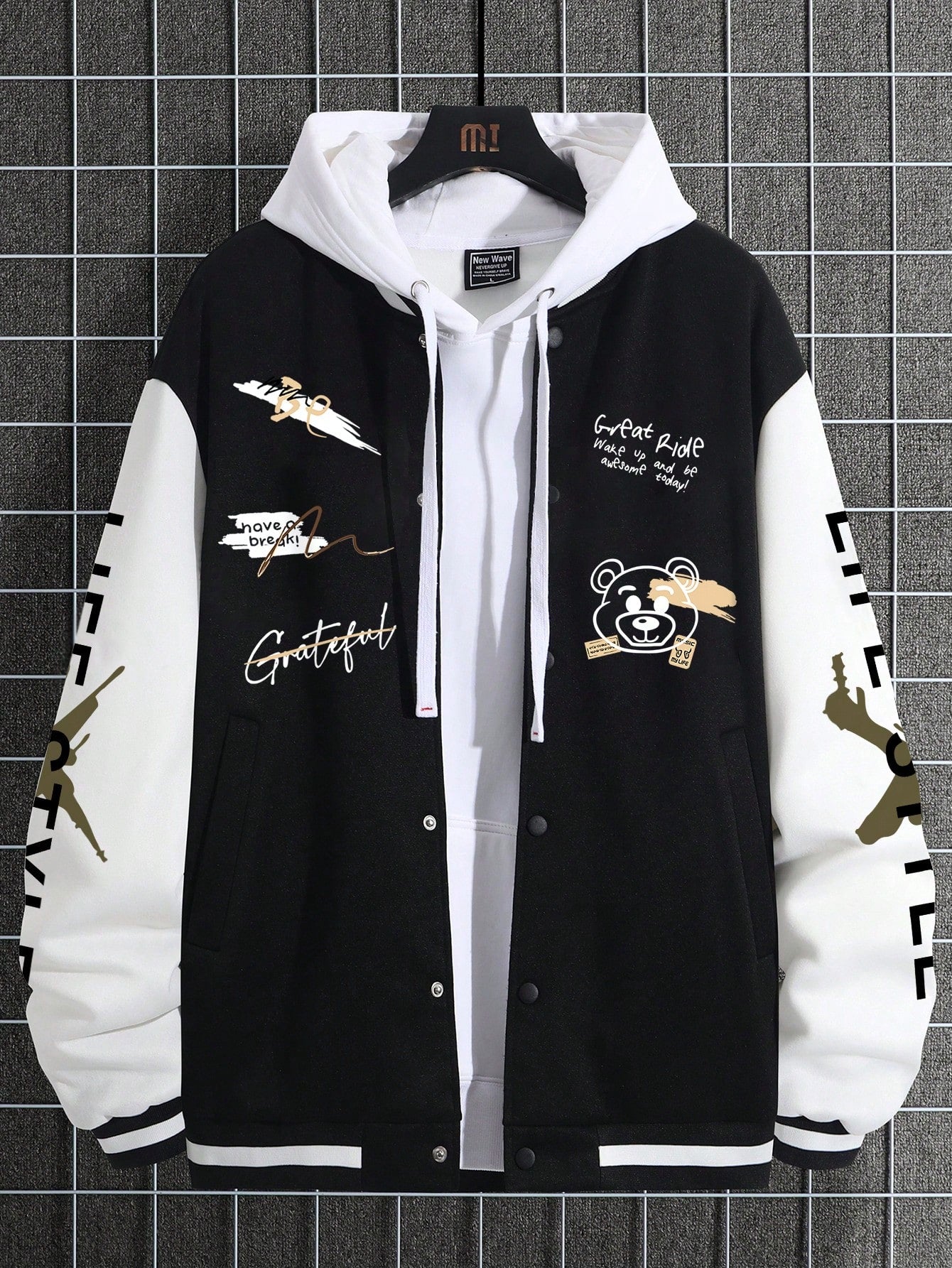 Men's Letter Graphic Two-Tone Loose Fit Drop Shoulder Varsity Jacket Without Hoodie