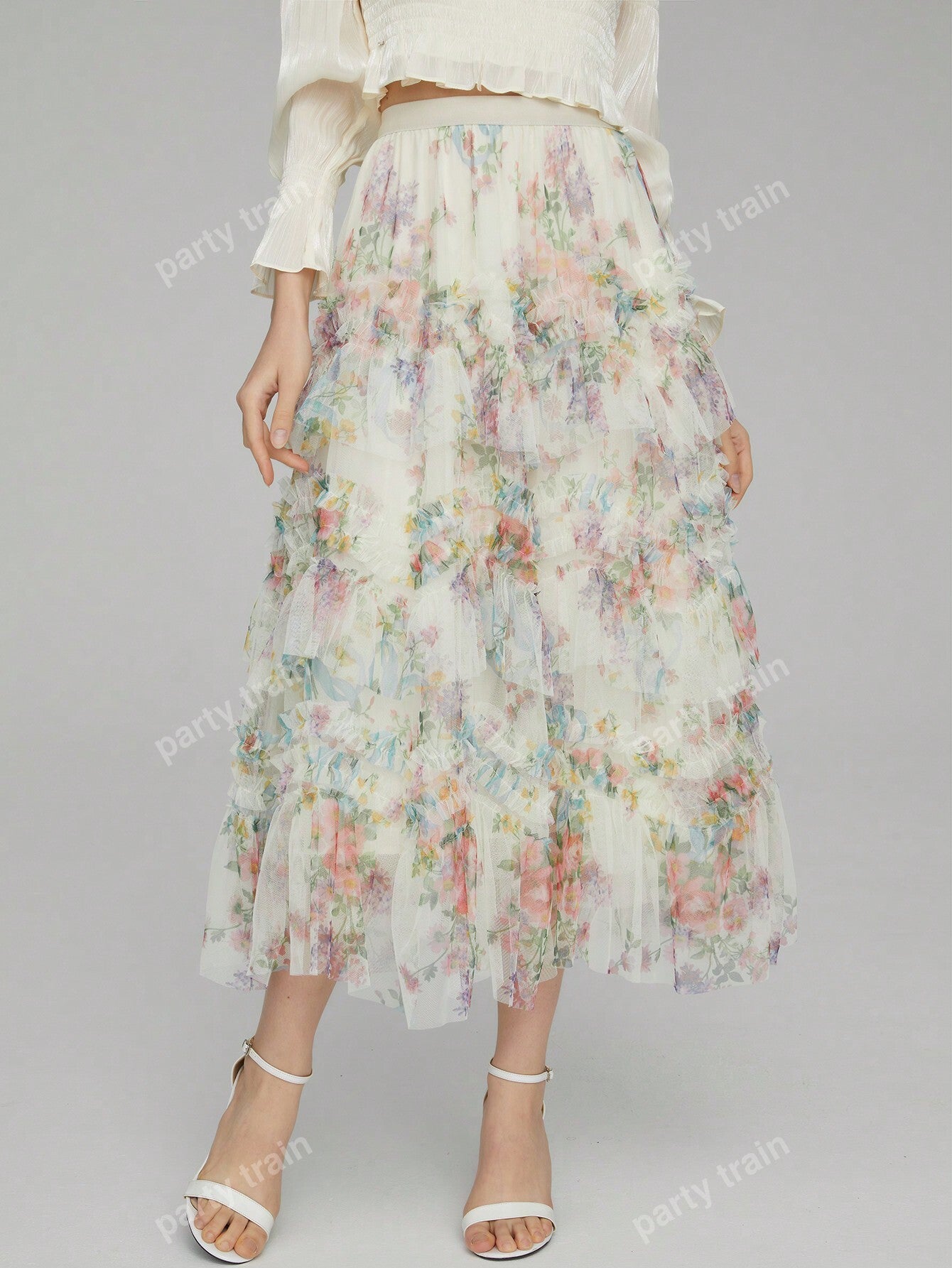 Floral Print Ruffle Trim Skirt