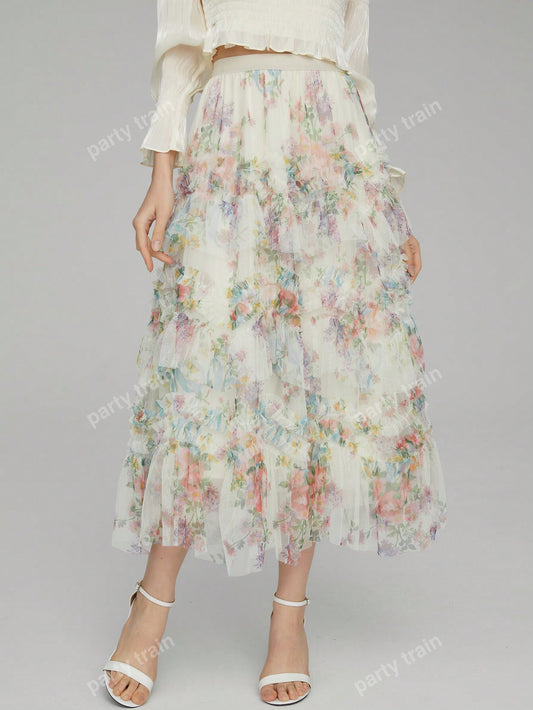 Floral Print Ruffle Trim Skirt