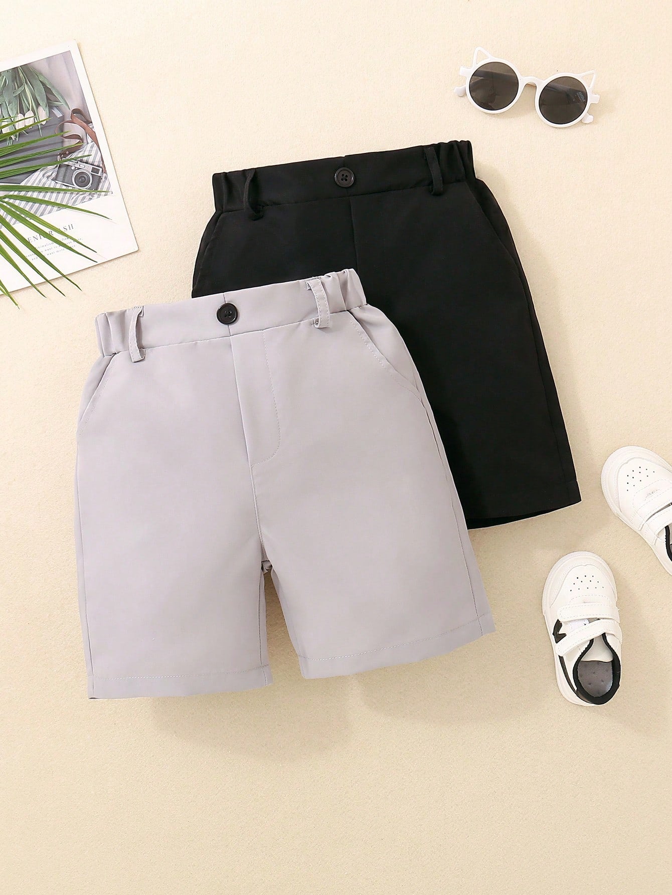 Young Boy 2pcs/Set Casual Solid Color Shorts With Pockets For Daily Wear, Parties And Vacations In Summer