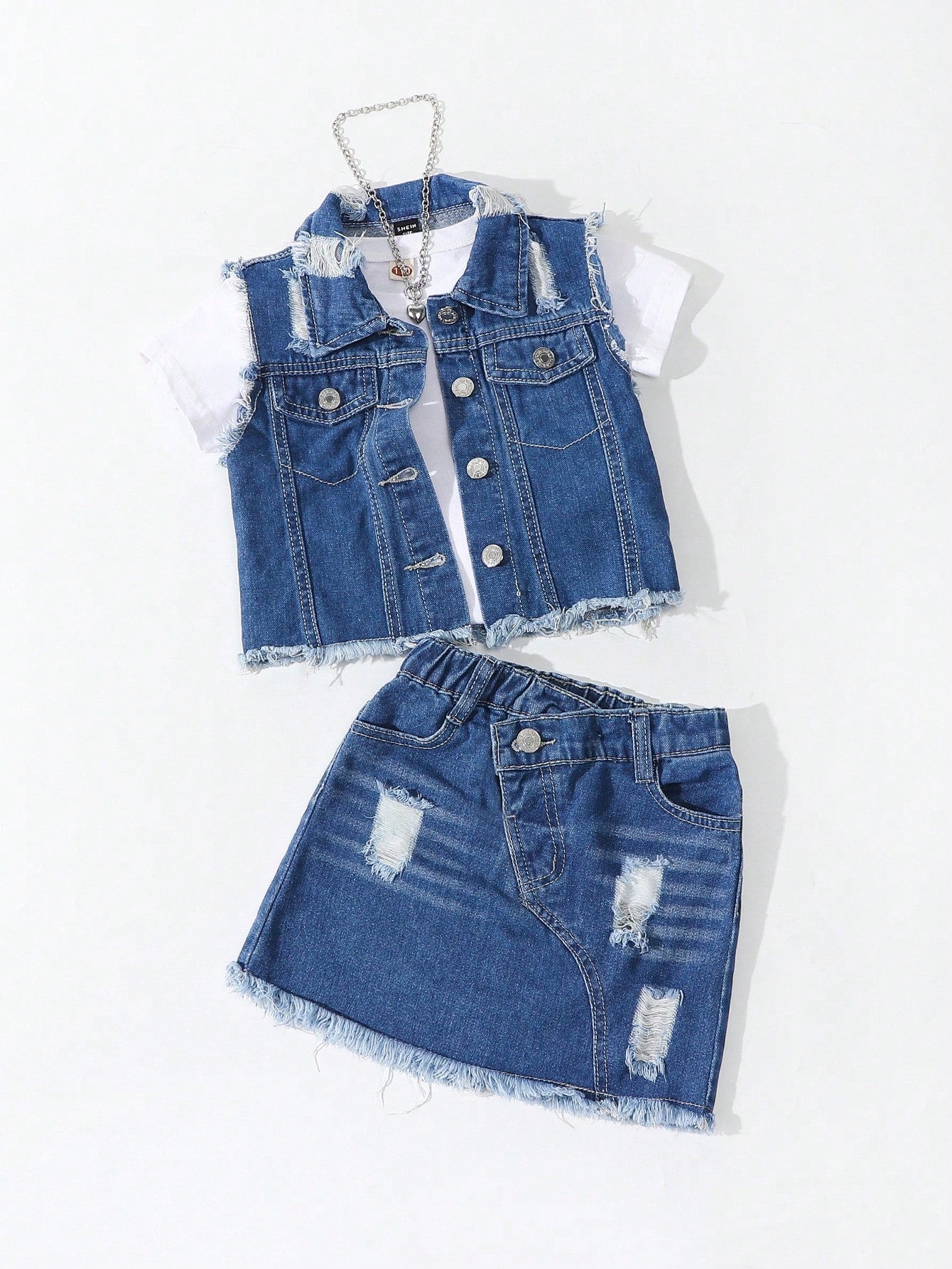 Streecool Kids Young Girl Y2K Fashionable Light Blue Distressed Denim Vest With Frayed Edges & Asymmetrical Hem Cut Denim Skirt Set