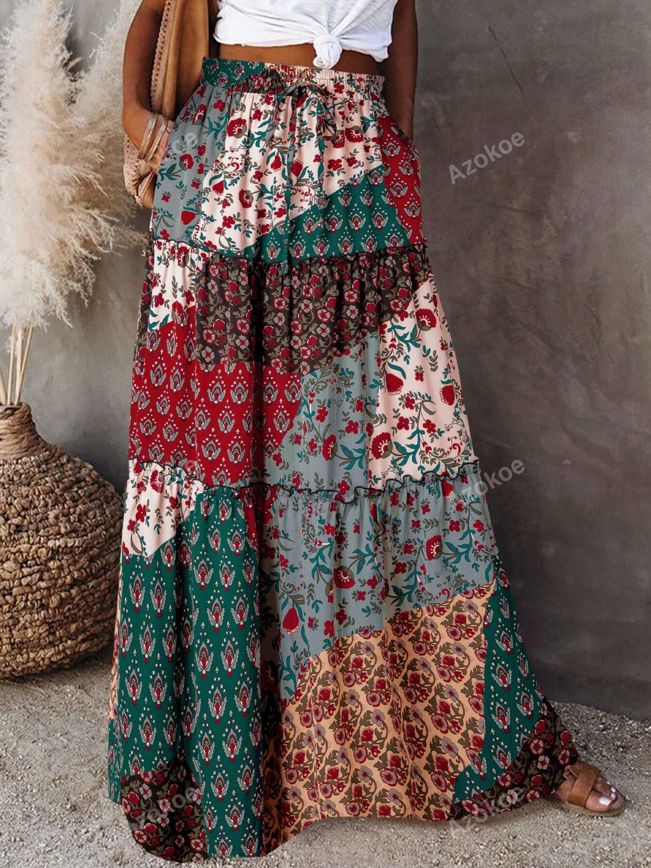 Boho Abstract Print Long Elastic Waist A Line Skirt With Pockets