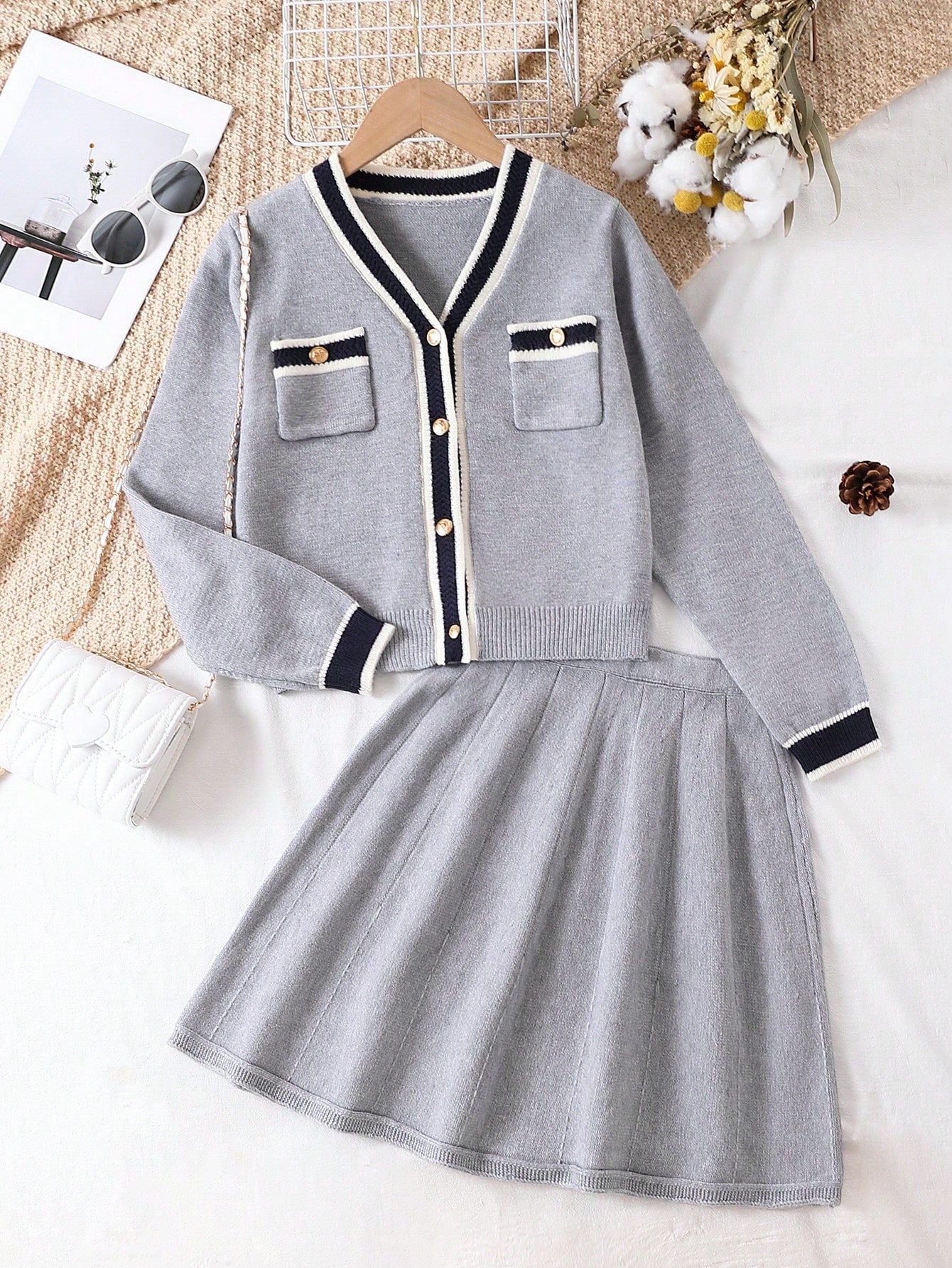 Teen Girls' Gray Fashionable Casual And Elegant Academic Style Sweater Dress Set, Suitable For Daily Outings And School