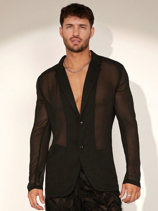 FeverCity Men's Summer Sexy See-Through Mesh Blazer Jacket