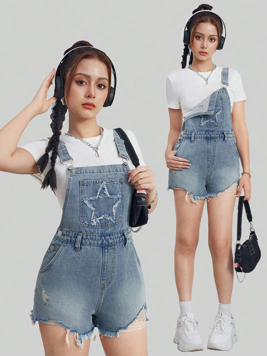 Teenage Girls' Blue Denim Overalls With Star Pattern