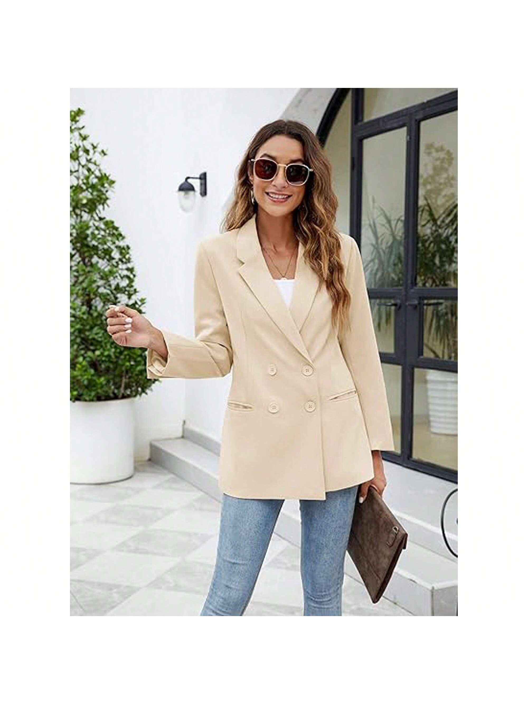 PiePieBuy Women's Long Sleeve Casual Blazers Lapel Open Front Double Breasted Suit Business Work Office Blazer Jackets