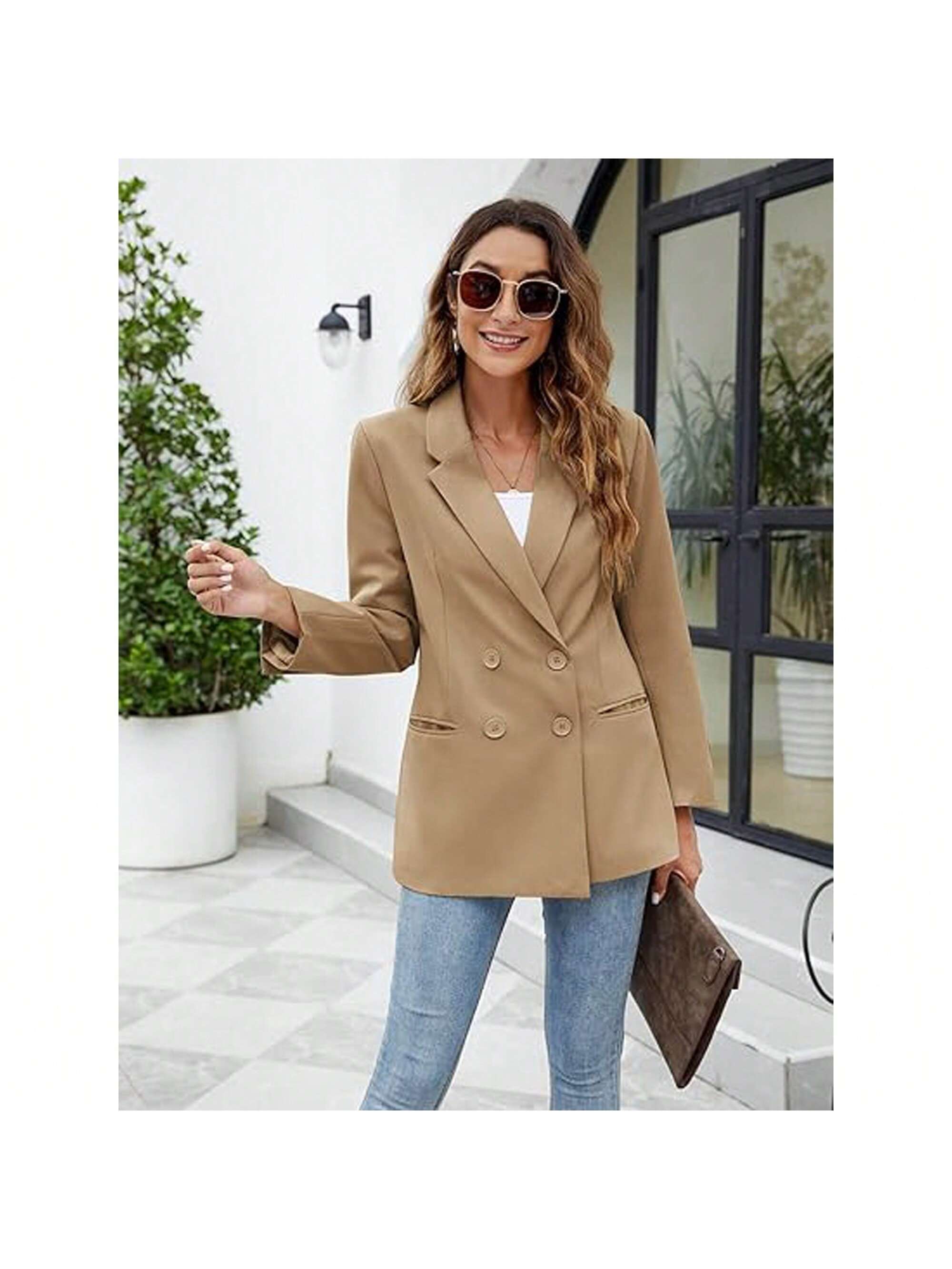 PiePieBuy Women's Long Sleeve Casual Blazers Lapel Open Front Double Breasted Suit Business Work Office Blazer Jackets