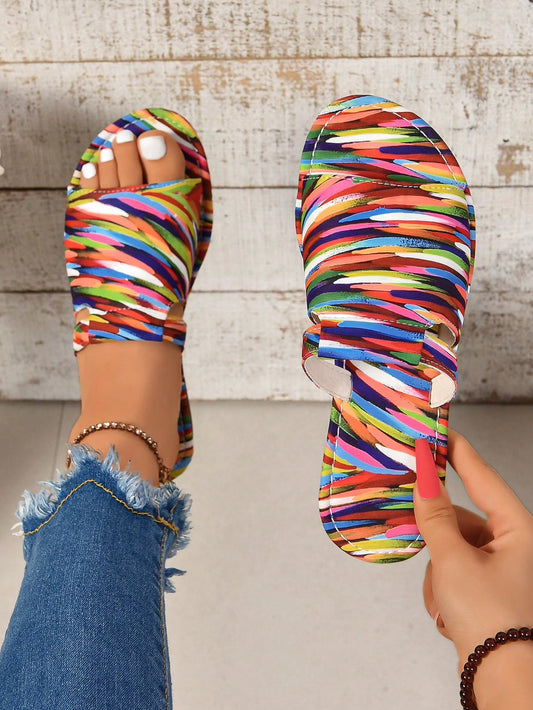 Rainbow Women's Flat Sandals, Fashionable Colorful Beach Shoes