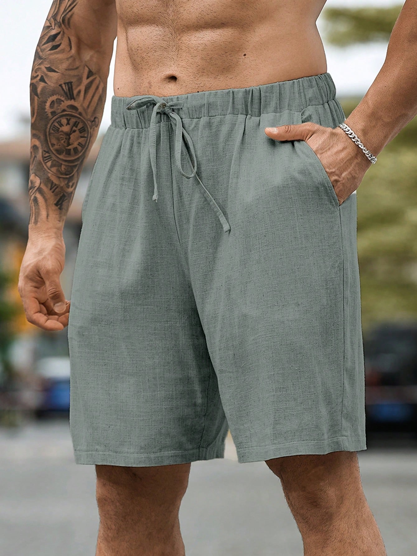 Plus Size Men's Solid Color Simple Casual Drawstring Linen Shorts