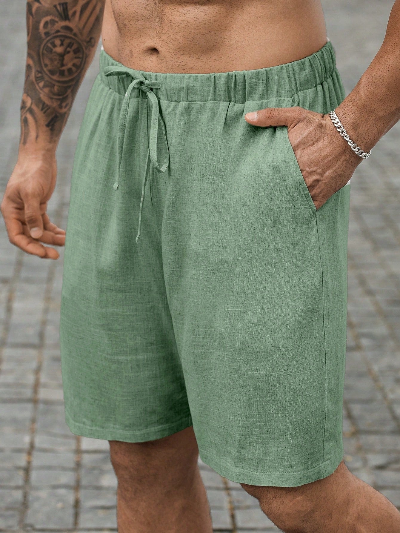 Plus Size Men's Solid Color Simple Casual Drawstring Linen Shorts