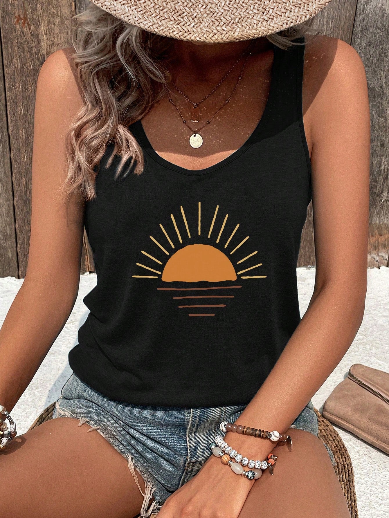 Women's Summer Sunset Printed Casual Tank Top With Round Neck