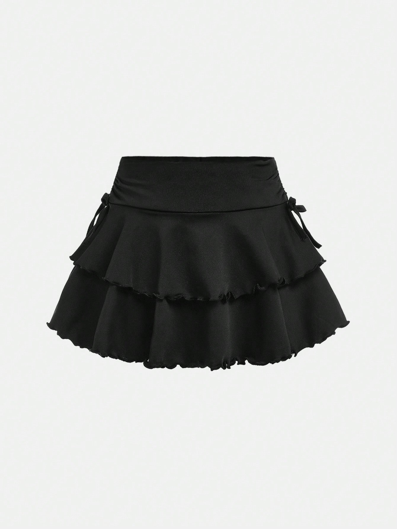 Tween Girl's Street Style Black Knitted Solid Color Drawstring Waist Layered Hem Skirt