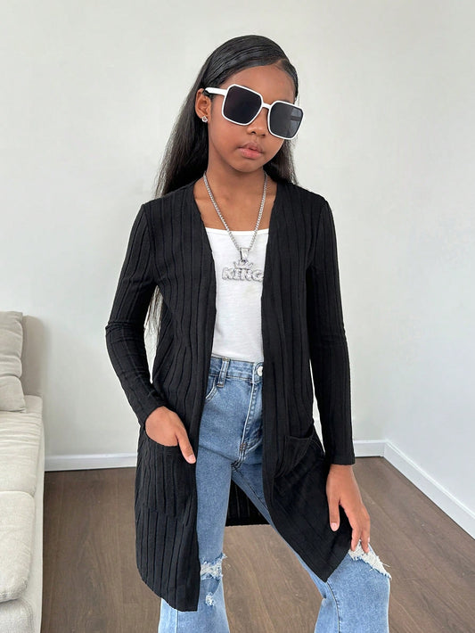 Tween Girl Daily Casual Knitted Solid Color Long Sleeve Cardigan