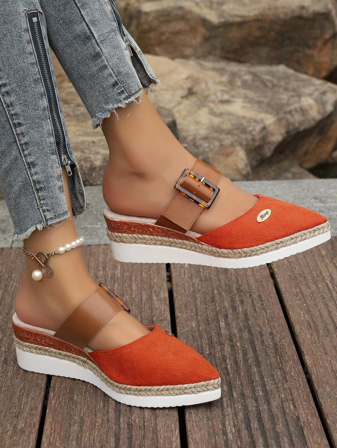 Ladies Large Size New Plaid Bright Silk Decoration Fashionable Color Matching Closed Toe Lightweight Rope Elegant Wedge Heel Shoes