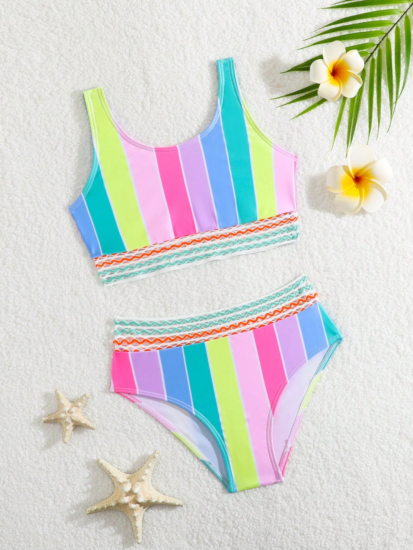 Young Girl Rainbow Neon Striped Cute Bikini Set Bathing Suit Summer Beach