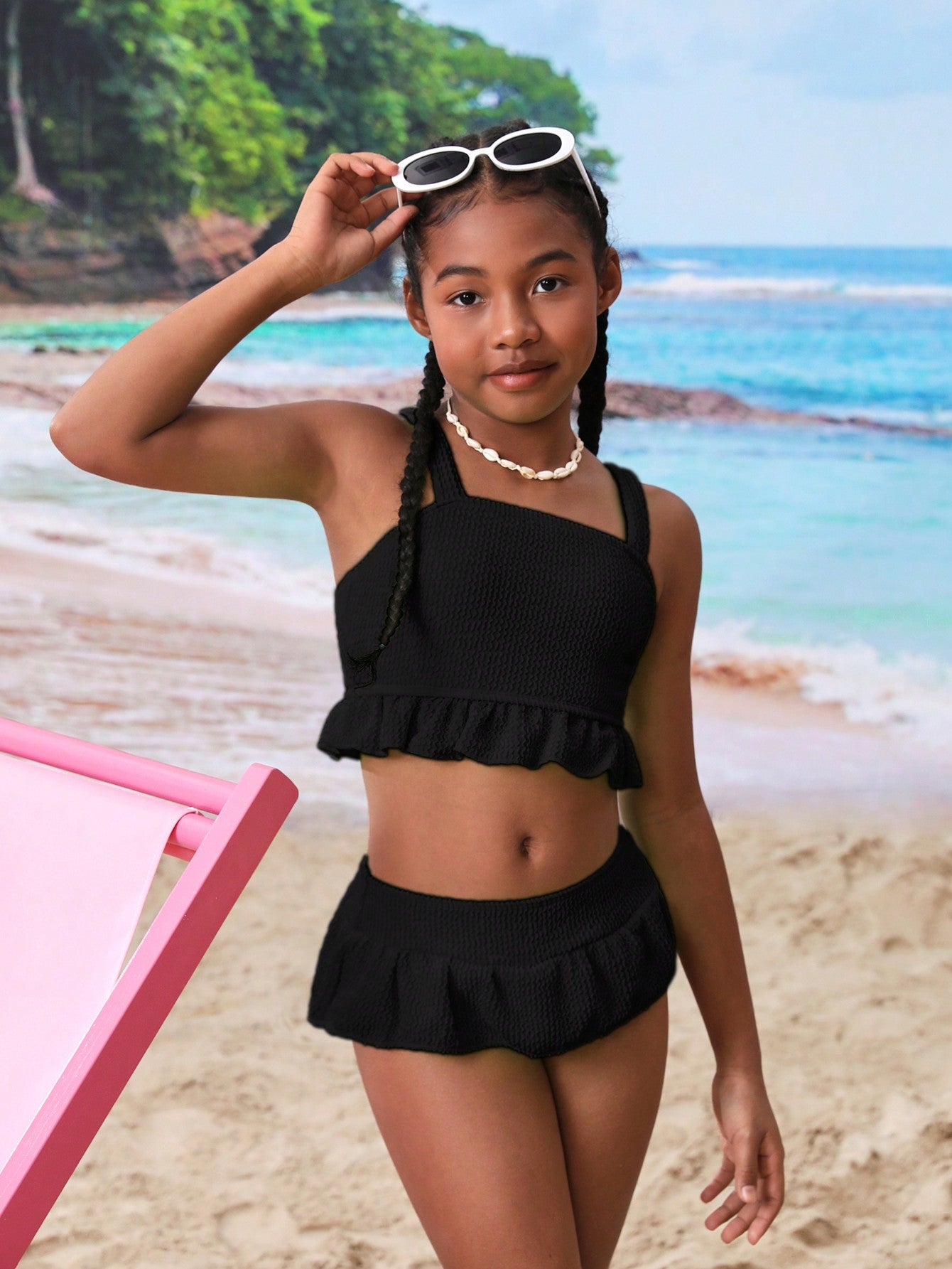 Tween Girl Ruffled Hem Halter Neck Bikini Top With Vest For Beach