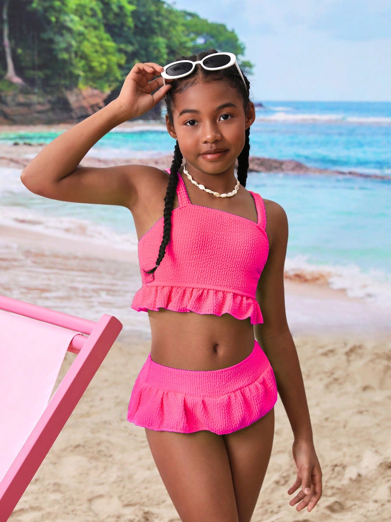 Tween Girl Ruffled Hem Halter Neck Bikini Top With Vest For Beach