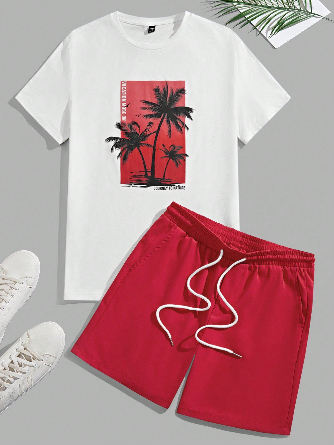 Men Tropical Print Tee & Drawstring Waist Shorts