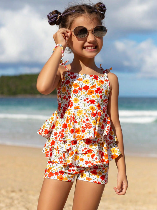 Young Girls Ditsy Floral Print Ruffle Hem Tankini Swimsuit