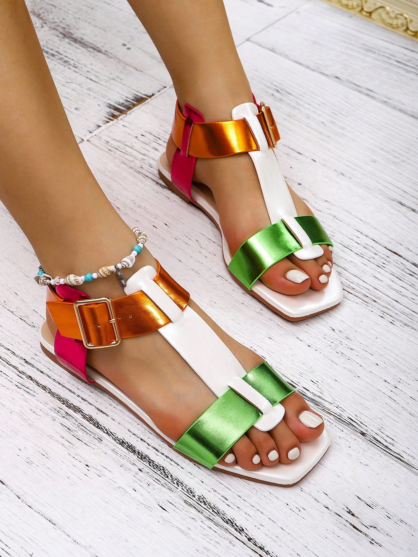 Comfortable Women Cute Rainbow Color Block Sandals