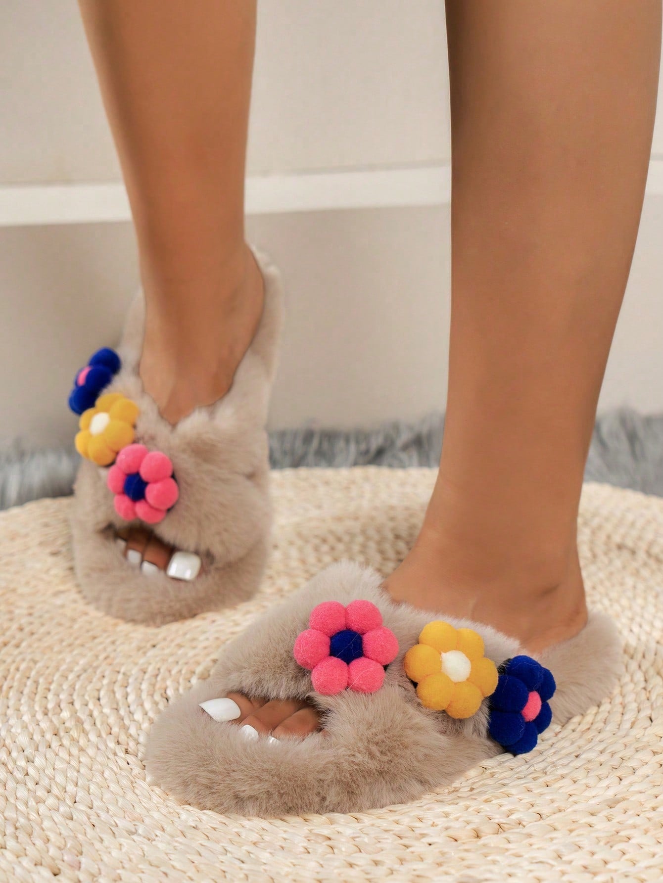 Women's Elegant Solid Color Thick Sole Slip-On Open Toe Back Cross Strap 3D Flower Furry Slippers, Indoor House Shoes For Women