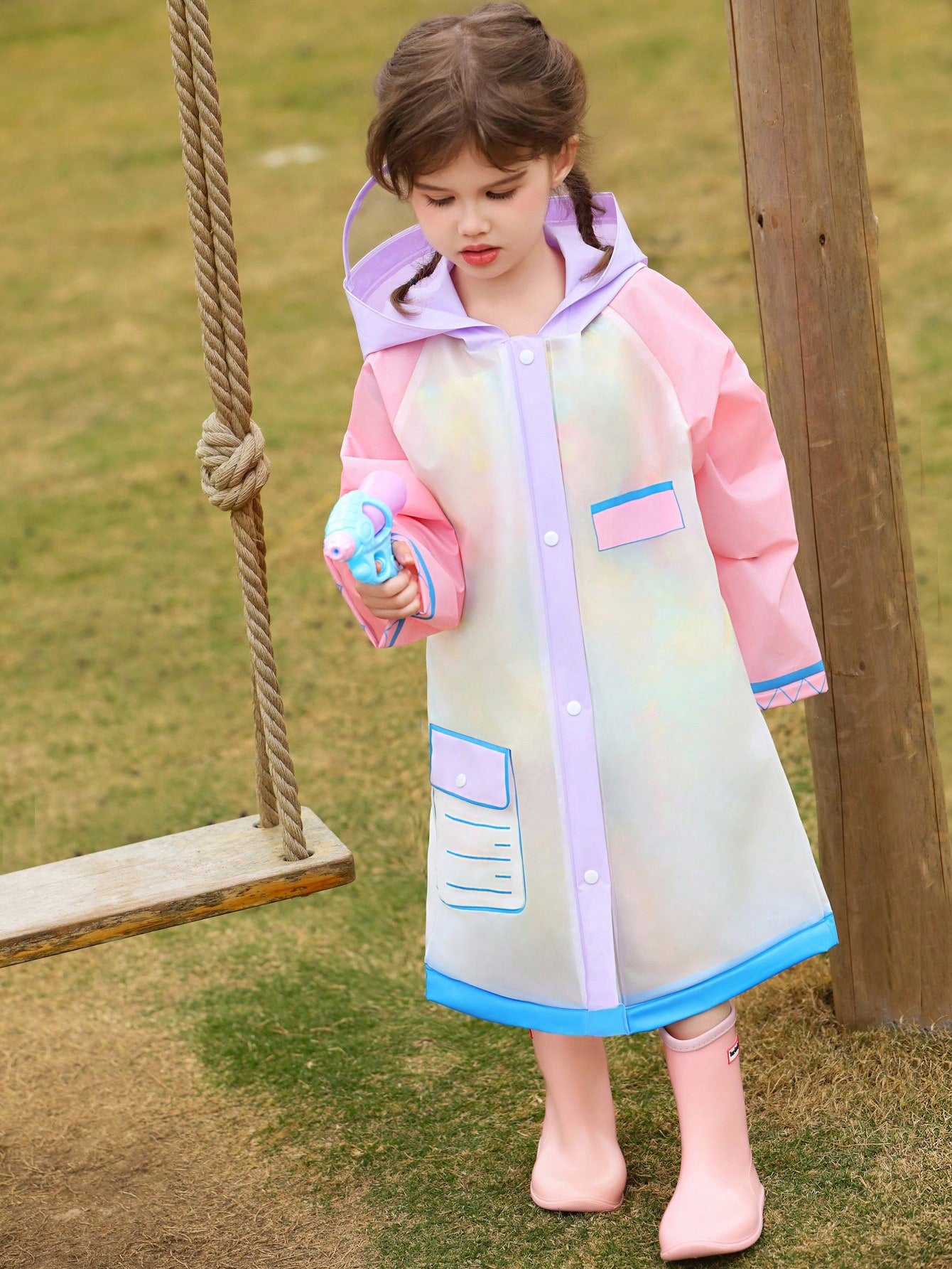 Girls' Lovely Three Tone Colorblock Raincoat (Purple, Pink, Transparent) For All Seasons