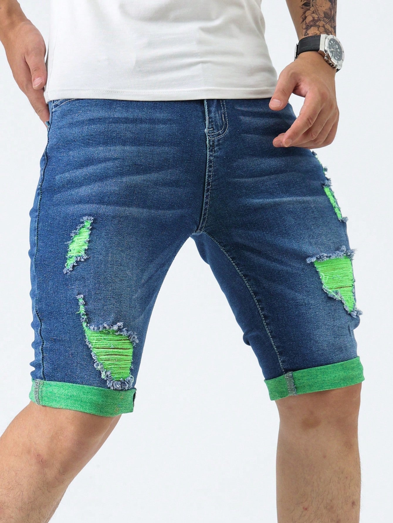 Men Ripped Frayed Bleach Wash Denim Shorts