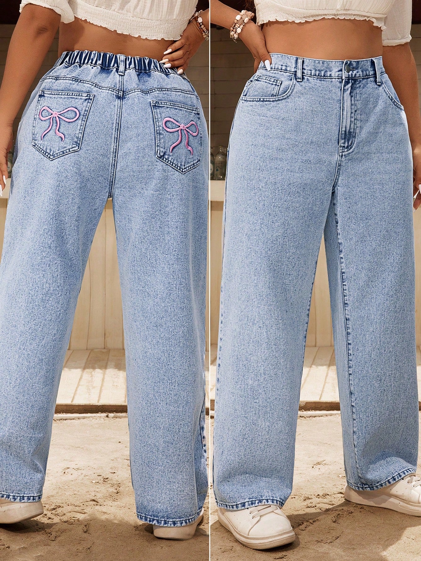 Plus Size Vacation & Casual Embroidered Bowknot Straight Jeans