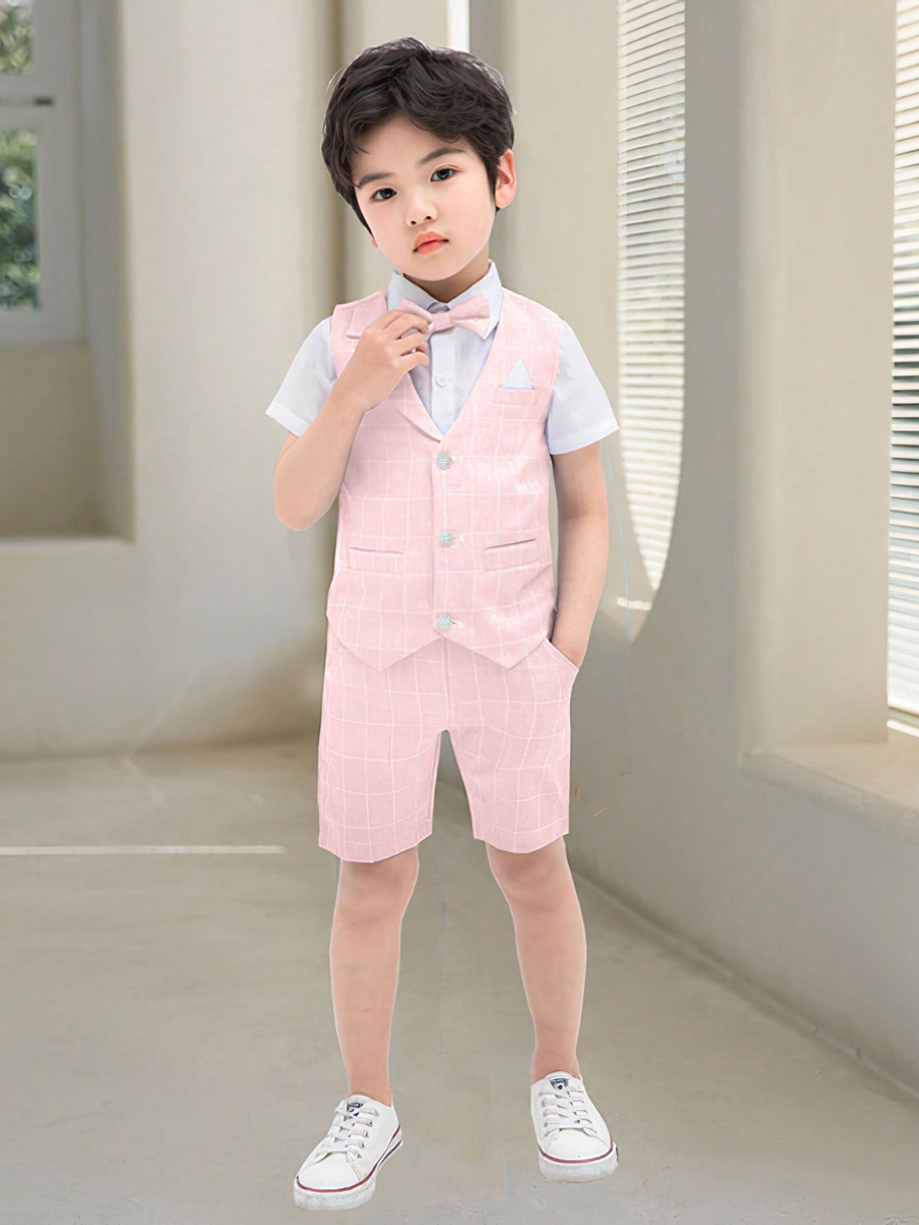 Young Boy New Summer Style Children's Performance Dress Suit, 3pcs Set: Vest & Shorts & Bow Tie, Suitable For Weddings, Pageants, And Formal Occasions