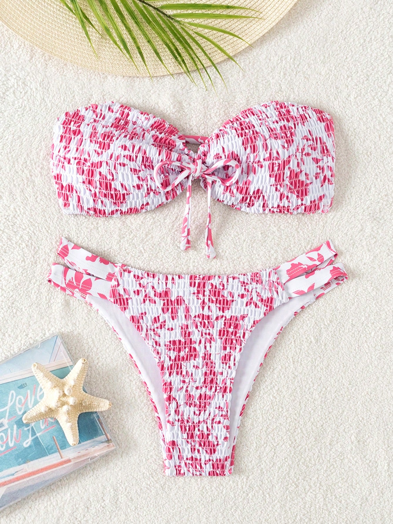 Swim Mod Summer Beach Floral Print Shirred Two-Piece Bikini Set