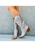 Cowboy Boots For Women Cowgirl Western Mid Calf Boots With Floral Embroidered Pointed Toe Retro Chunky Heel Slip On Fashion Classic Chunky Boots Pull On For Ladies Spring Summer Fall Party Prom