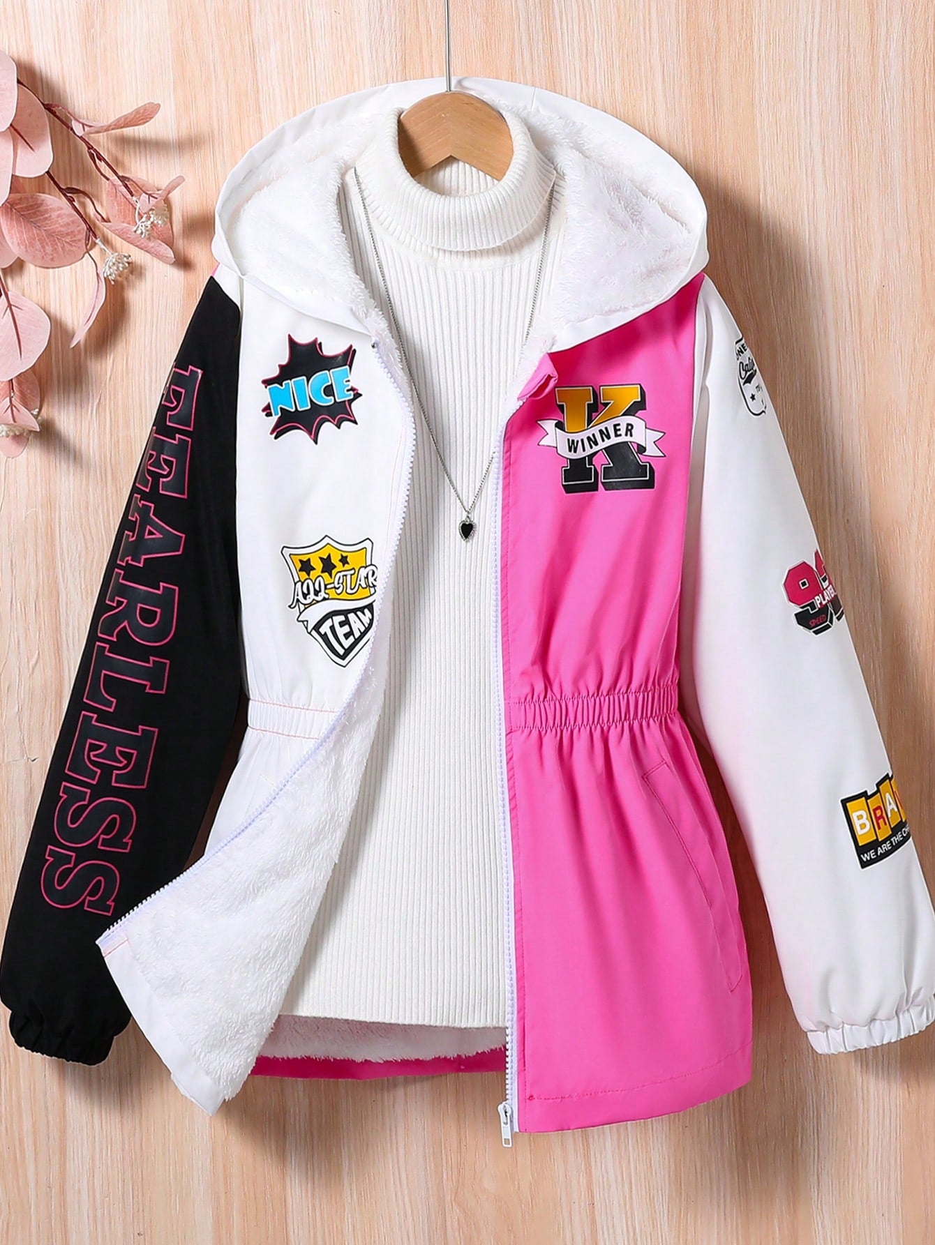 Tween Girls 1pc Letter Graphic Colorblock Thermal Hooded Padded Coat