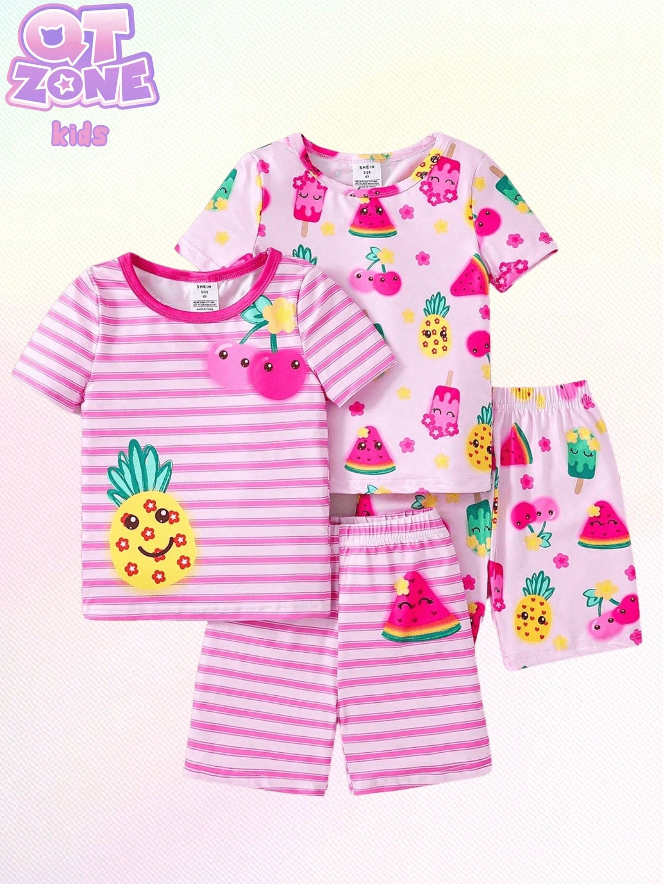 Young Girl Stripe Fruit Print Round Neck Short Sleeve Top & Shorts Snug Fit Casual Home Wear PJ Set, 2pcs