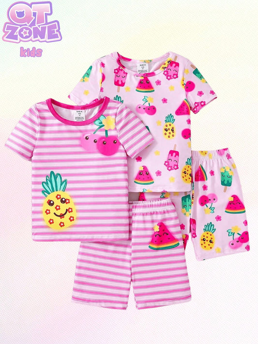 Young Girl Stripe Fruit Print Round Neck Short Sleeve Top & Shorts Snug Fit Casual Home Wear PJ Set, 2pcs