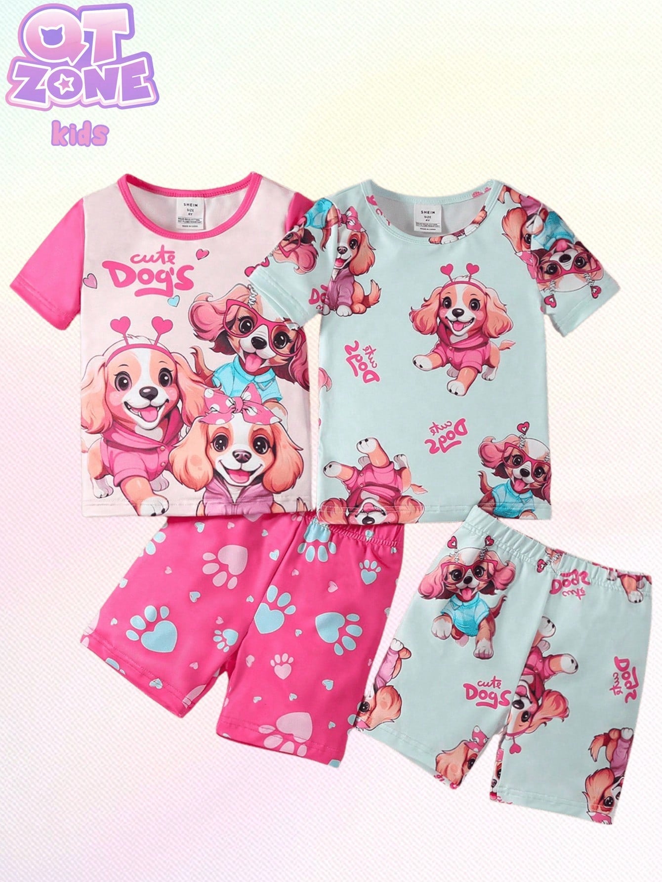 Young Girl Simple And Cute Dog Print Short-Sleeved Top & Shorts Four-Piece Set, Casual Homewear