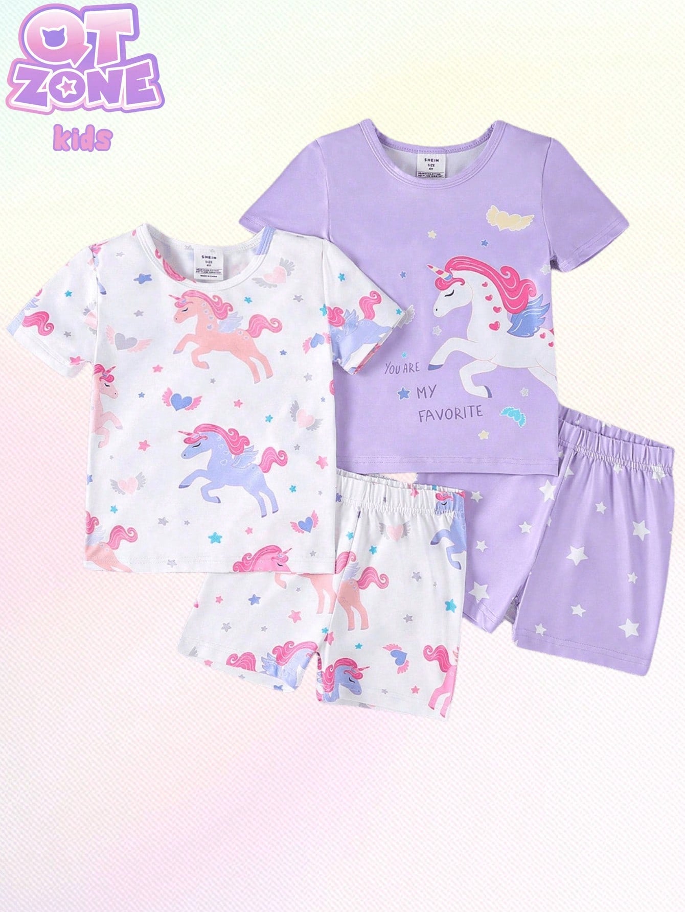 Young Girl Cartoon Unicorn Print Short Sleeve And Shorts Casual Two-Piece Set Snug Fit Home Clothing