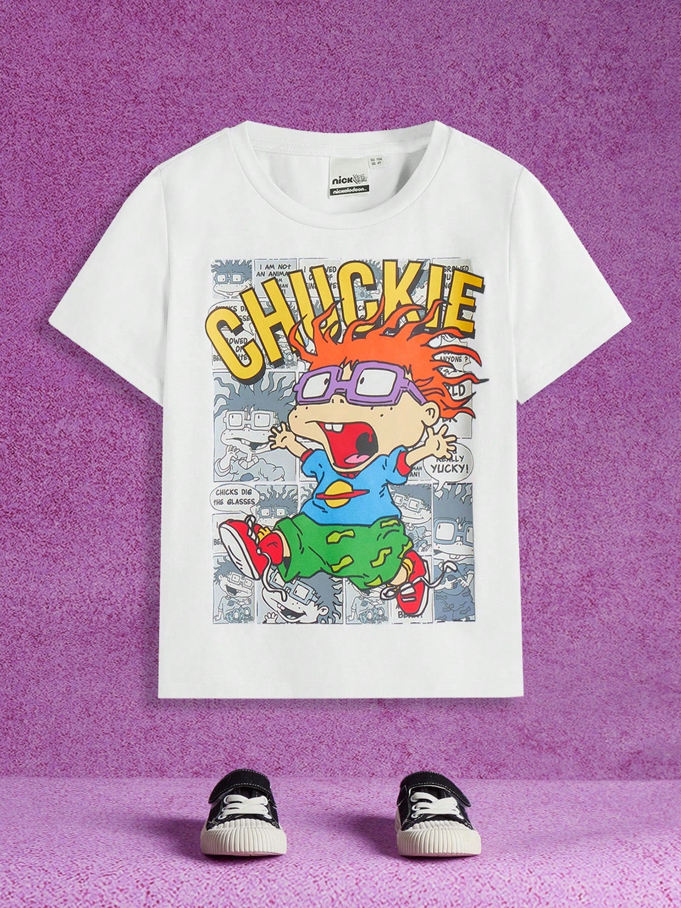 Nick 90s X Young Boy Letter And Cartoon Figure Black And White Comics Graphic Tee